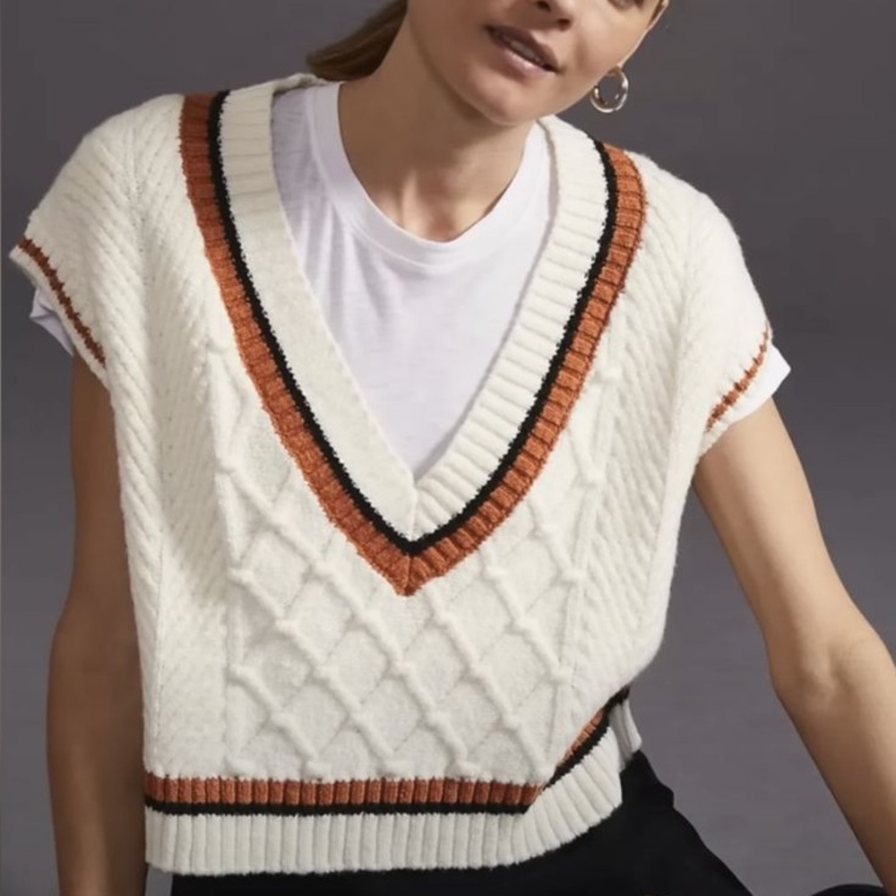 Maeve Cream Cable-Knit V-Neck Sweater Vest with Rust and Black Trim